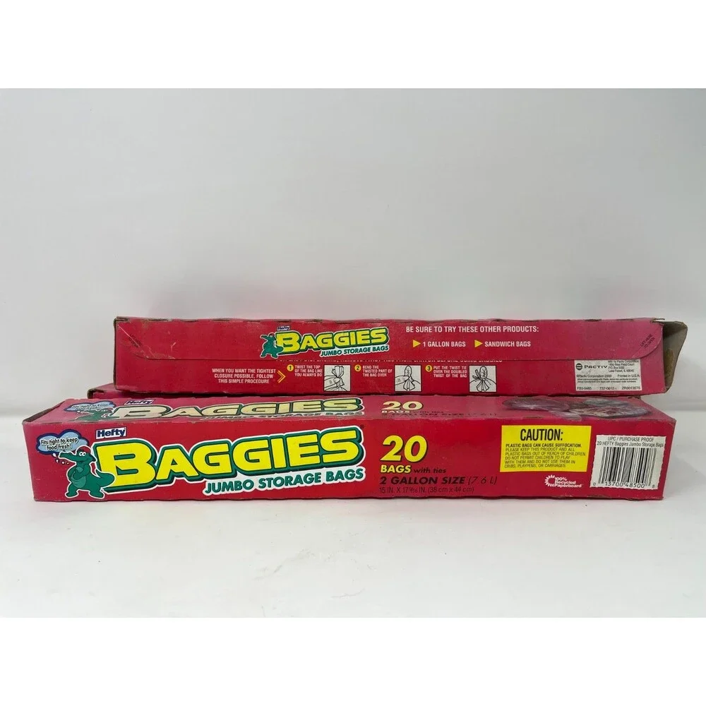 3x VINTAGE Hefty Baggies 20 Jumbo Storage Bags With Ties ~2 GALLON~ Size NOS